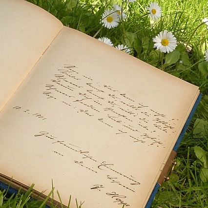 livre ouvert sur une  page manuscrite écrite à la plume sur un fond d'herbe fleurie